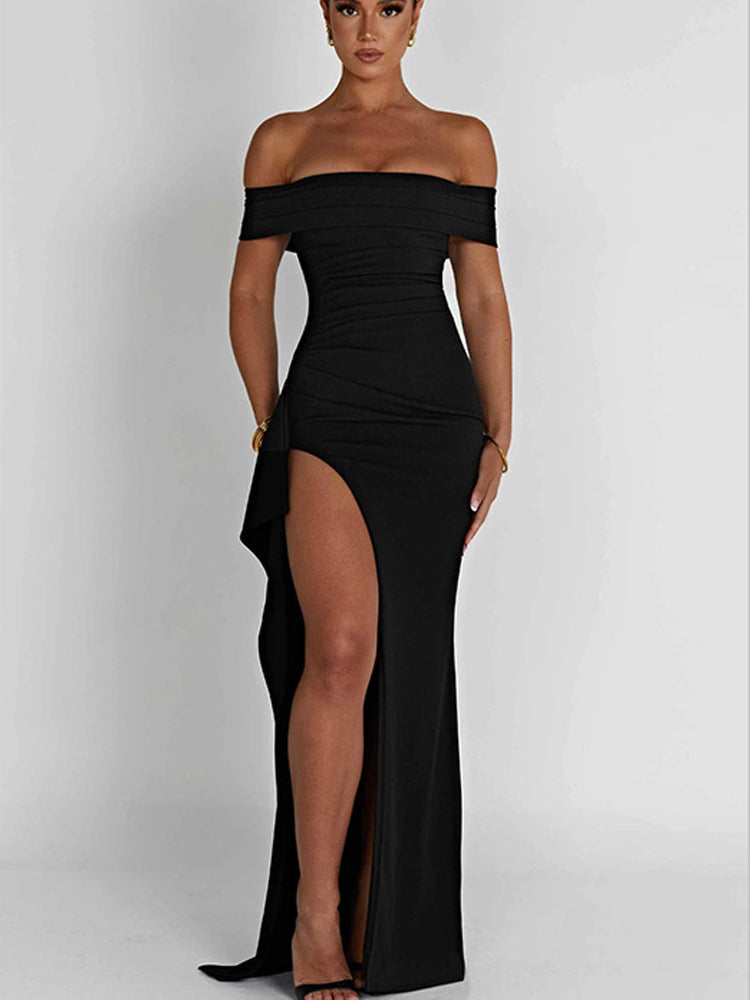 One Shoulder Evening Dress With Split Knit Open Back