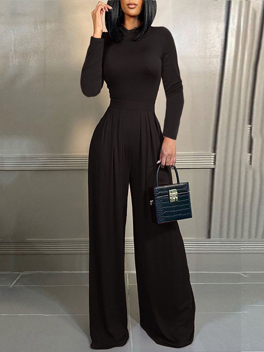 Women's Elegant Stand Collar Long Sleeve Bodysuit Jumpsuit with Fashion Print Waist Zipper and Ankle-Length Straight Pants