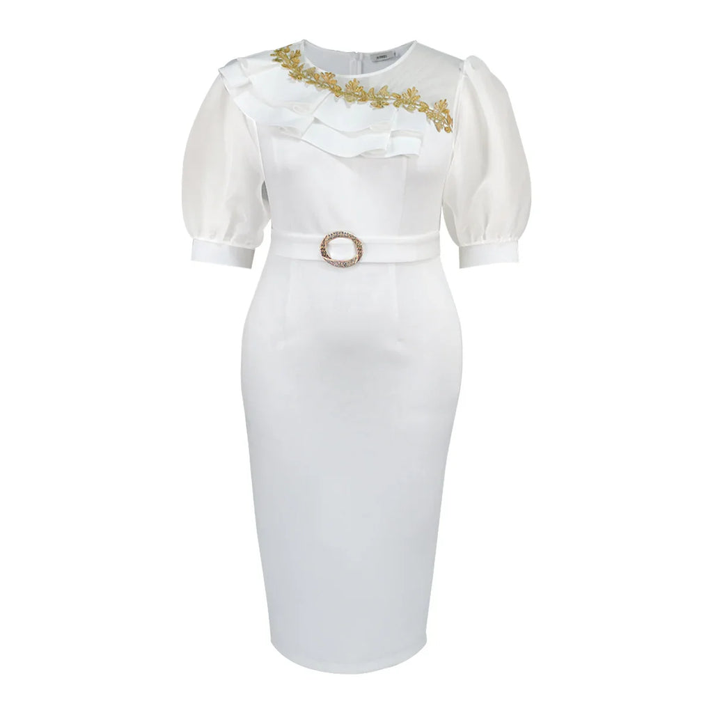 White Puff Sleeve Patchwork Mesh Dress Bridal Shower Dress