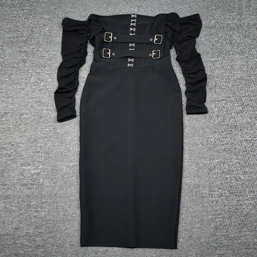 Off Shoulder Bandage Dress Women Lace Mesh Belt Midi Party