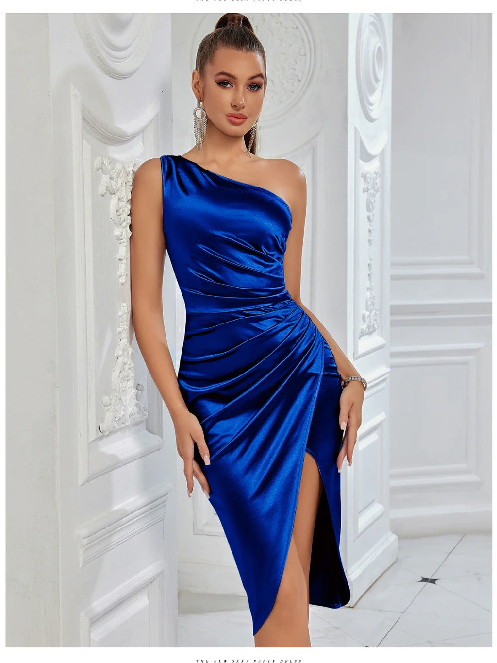 One Shoulder Bodycon Evening Dress With High Slit Drape
