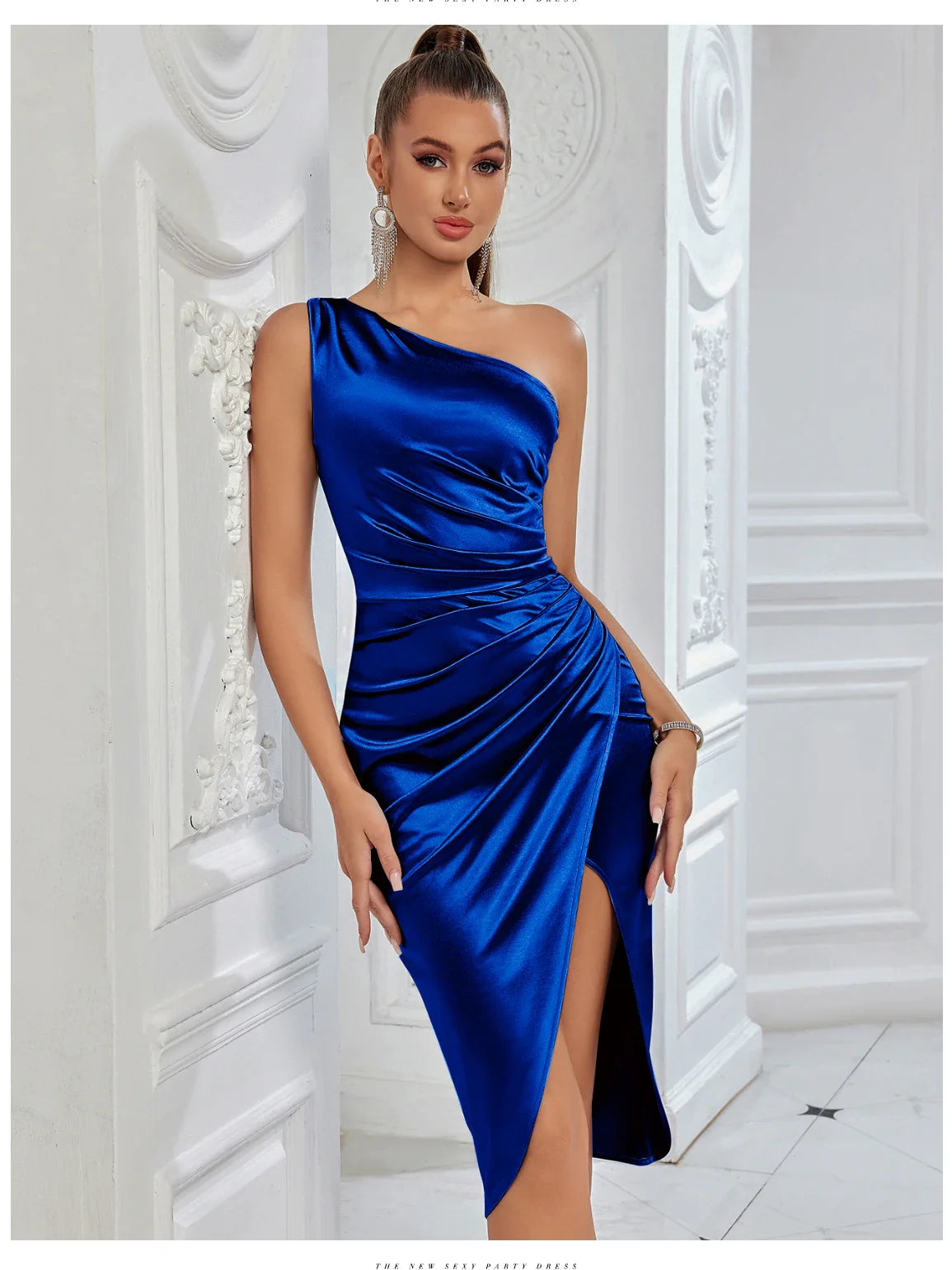 One Shoulder Bodycon Evening Dress With High Slit Drape