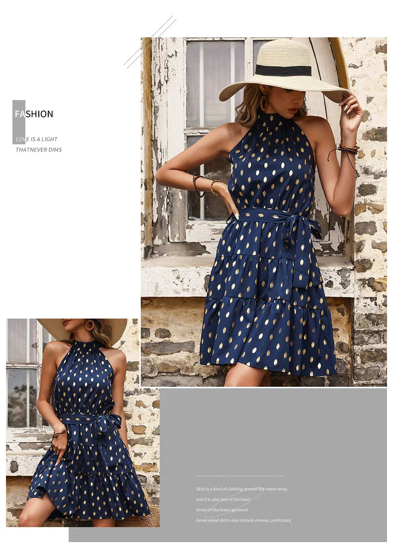 Sleeveless Dot Print Midi Dress With A Line Silhouette