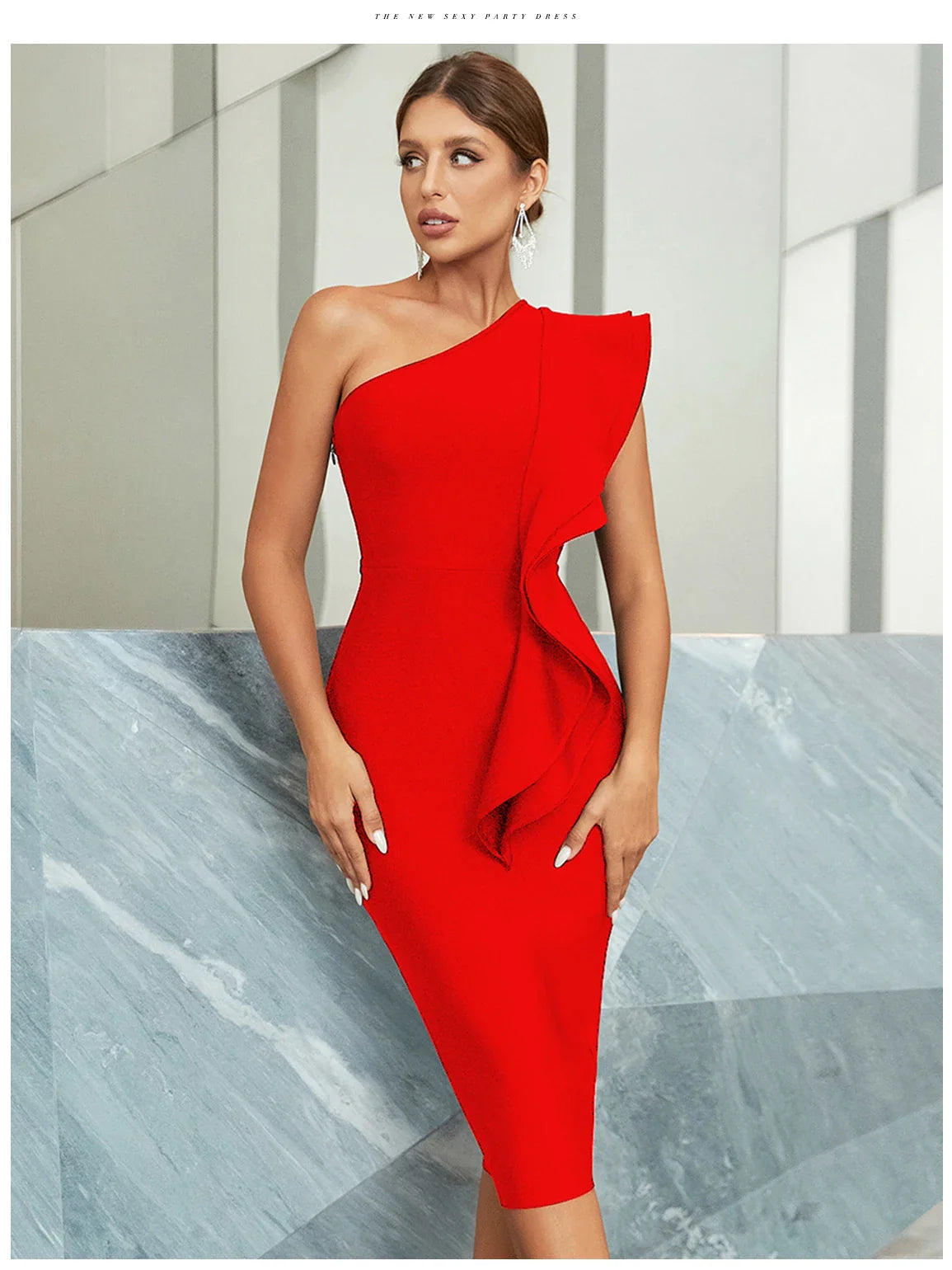 One Shoulder Black Bodycon Bandage Dress Midi For Party