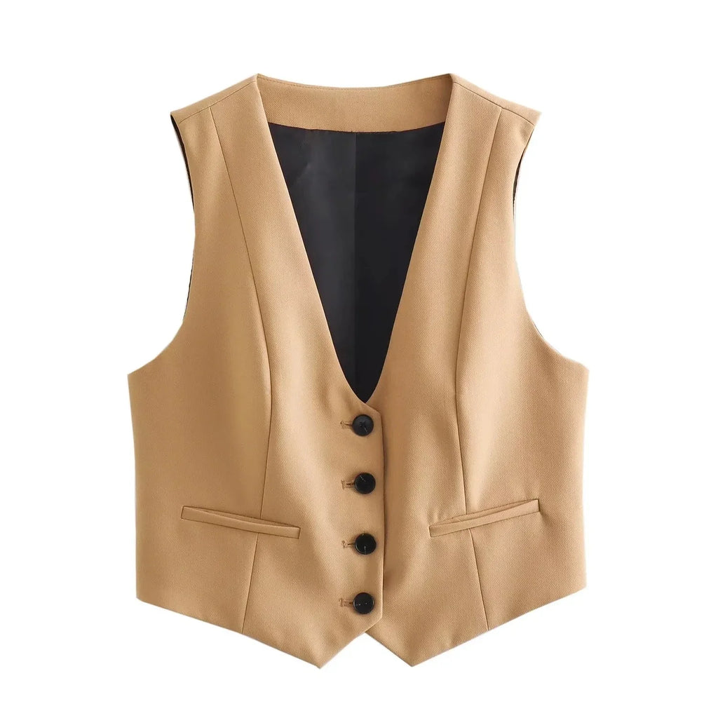 Casual Solid Color V Neck Sleeveless Single Breasted Vest With Elegant Mid Waist Wide Leg Pants Set