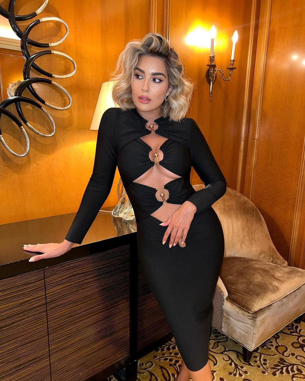 Black Hollow Out Midi Bandage Dress For Women Evening