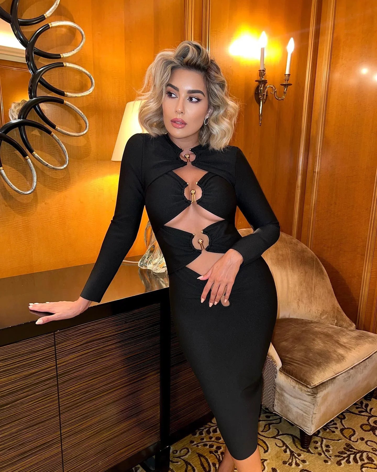 Black Hollow Out Midi Bandage Dress For Women Evening