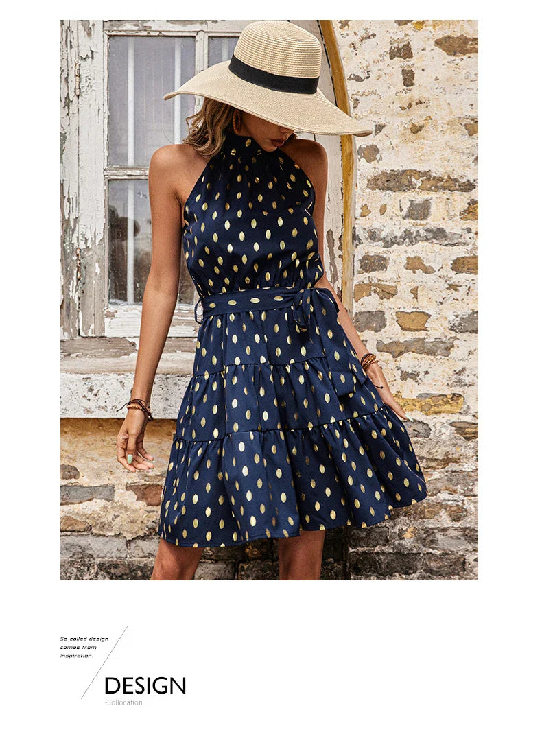 Sleeveless Dot Print Midi Dress With A Line Silhouette