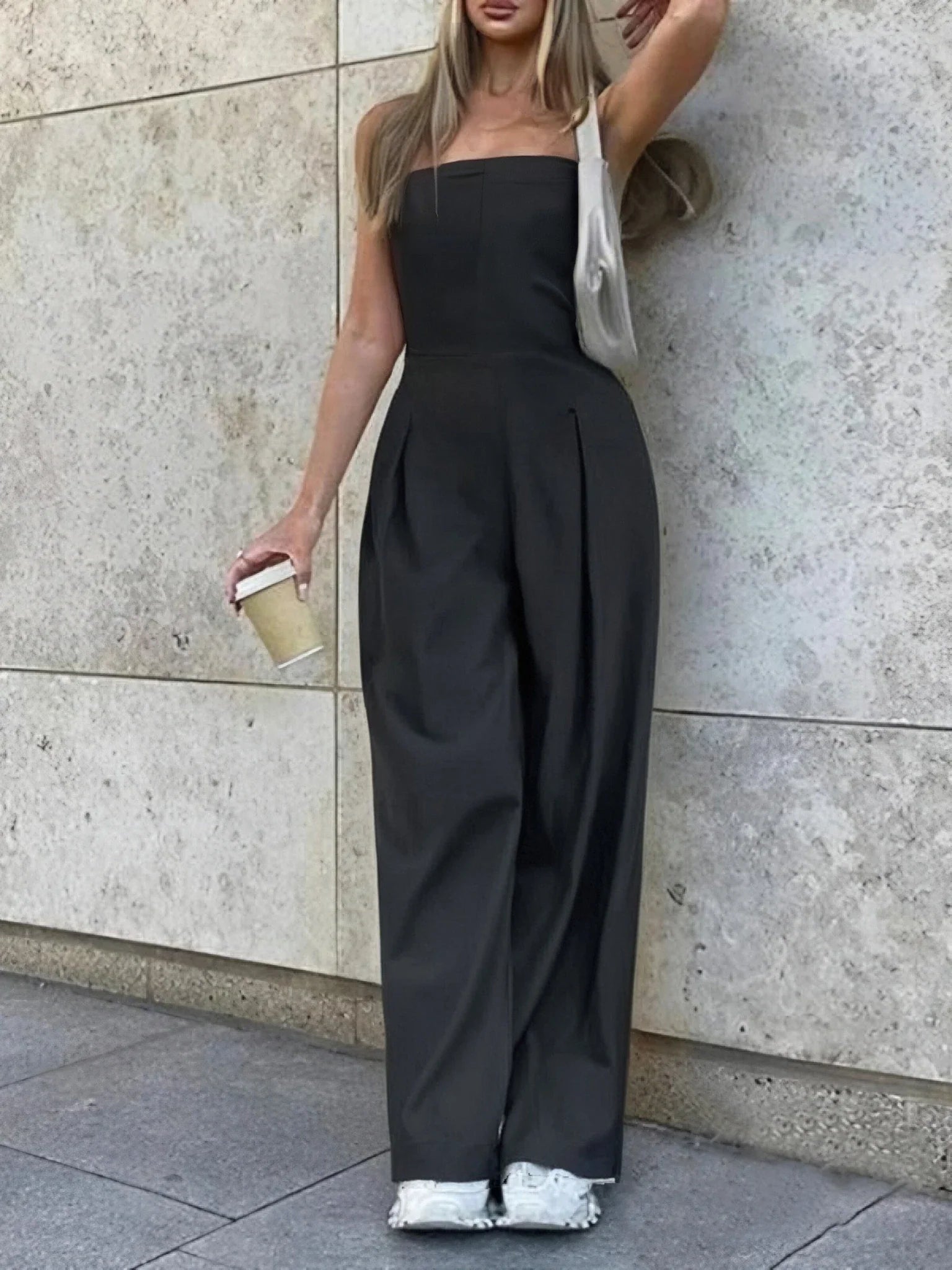 Elegant Women's Backless Off Shoulder Jumpsuit with Pockets Wide Leg Loose Fit Summer Overalls Casual Sexy Bodysuit