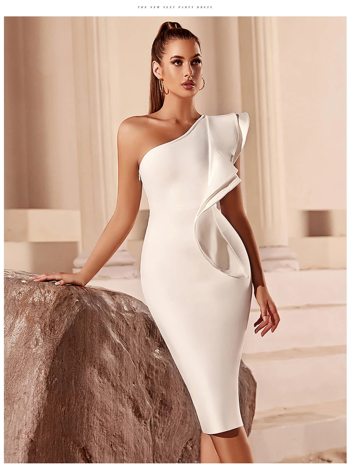 One Shoulder Black Bodycon Bandage Dress Midi For Party