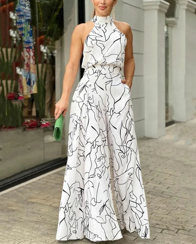 Summer Women's Sleeveless Geometric Print Jumpsuit with Cinched Waist Tie and Elegant Hanging Neck Design