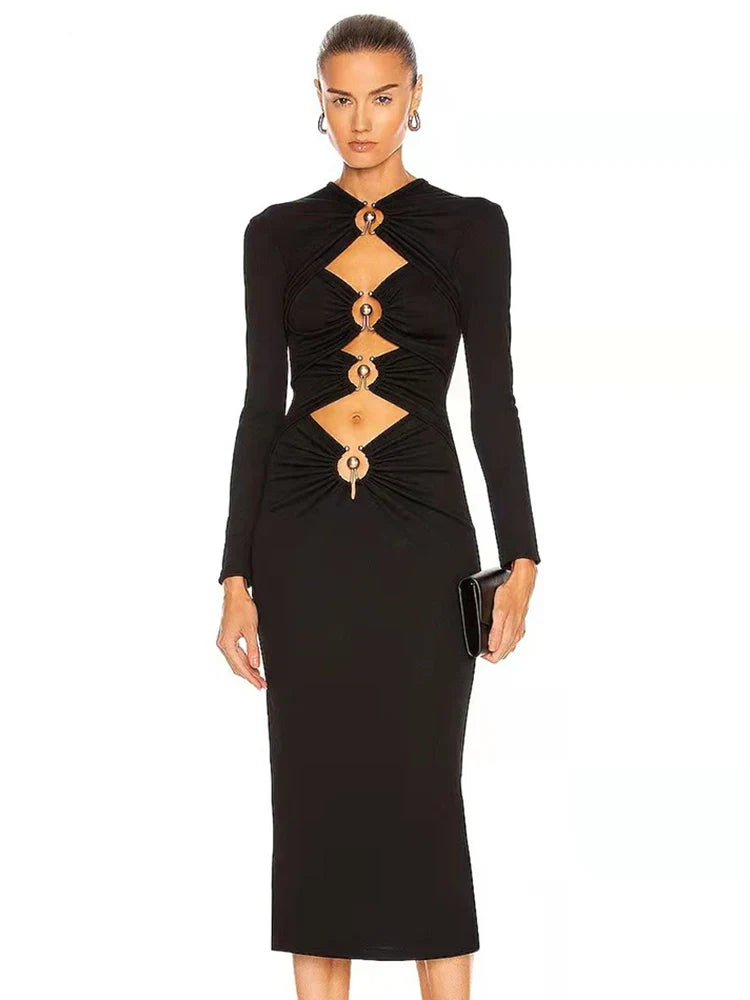 Black Hollow Out Midi Bandage Dress For Women Evening