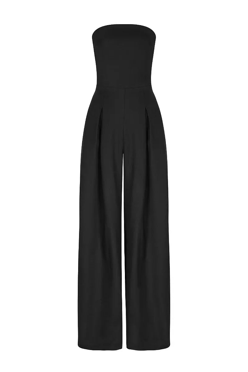 Elegant Women's Backless Off Shoulder Jumpsuit with Pockets Wide Leg Loose Fit Summer Overalls Casual Sexy Bodysuit