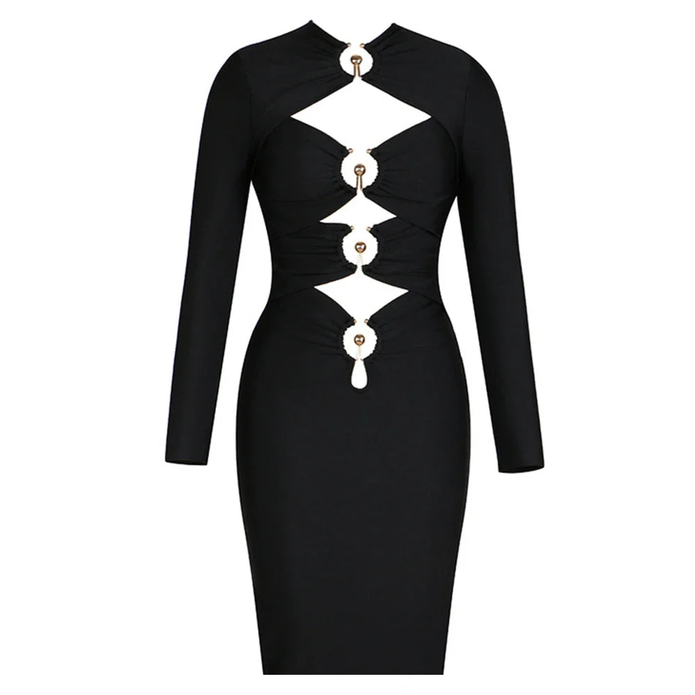 Black Hollow Out Midi Bandage Dress For Women Evening