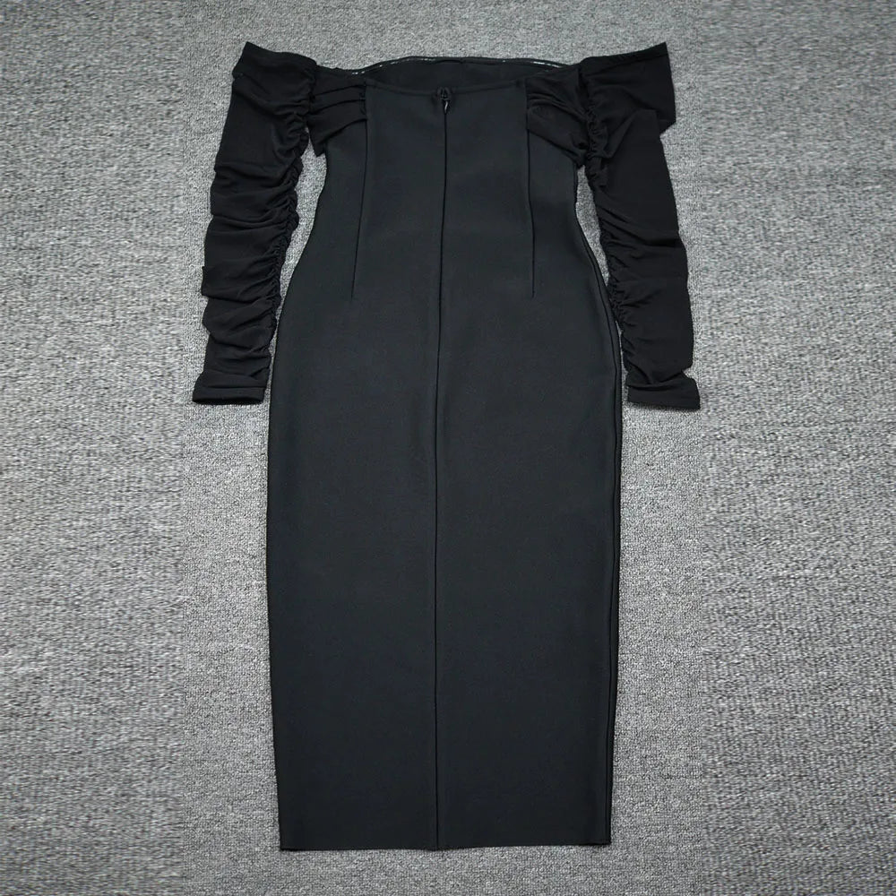 Off Shoulder Bandage Dress Women Lace Mesh Belt Midi Party