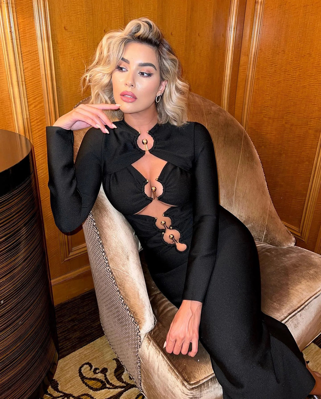 Black Hollow Out Midi Bandage Dress For Women Evening