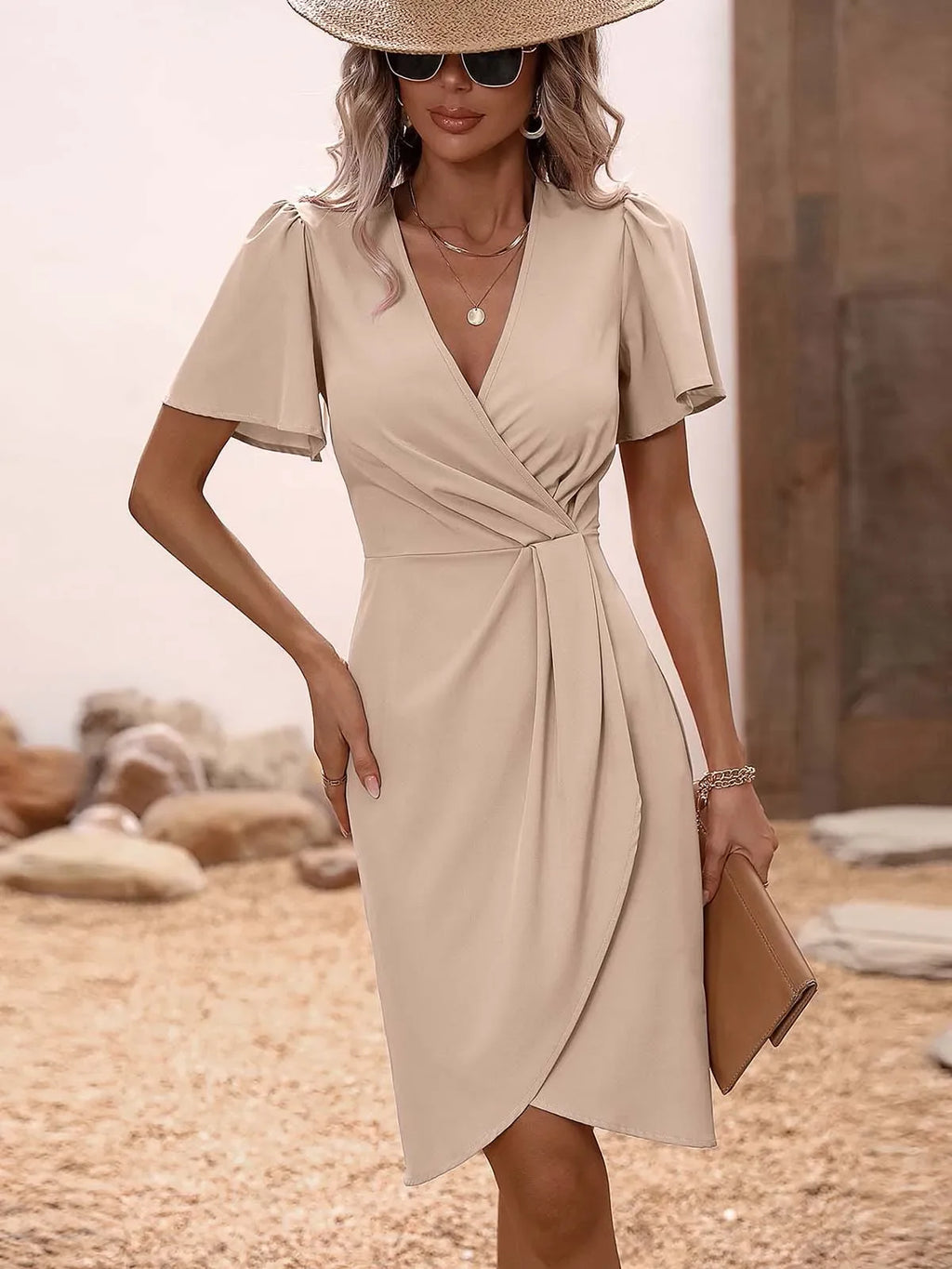 Elegant Pleated V-Neck Flared Sleeve Cross Hem Dress