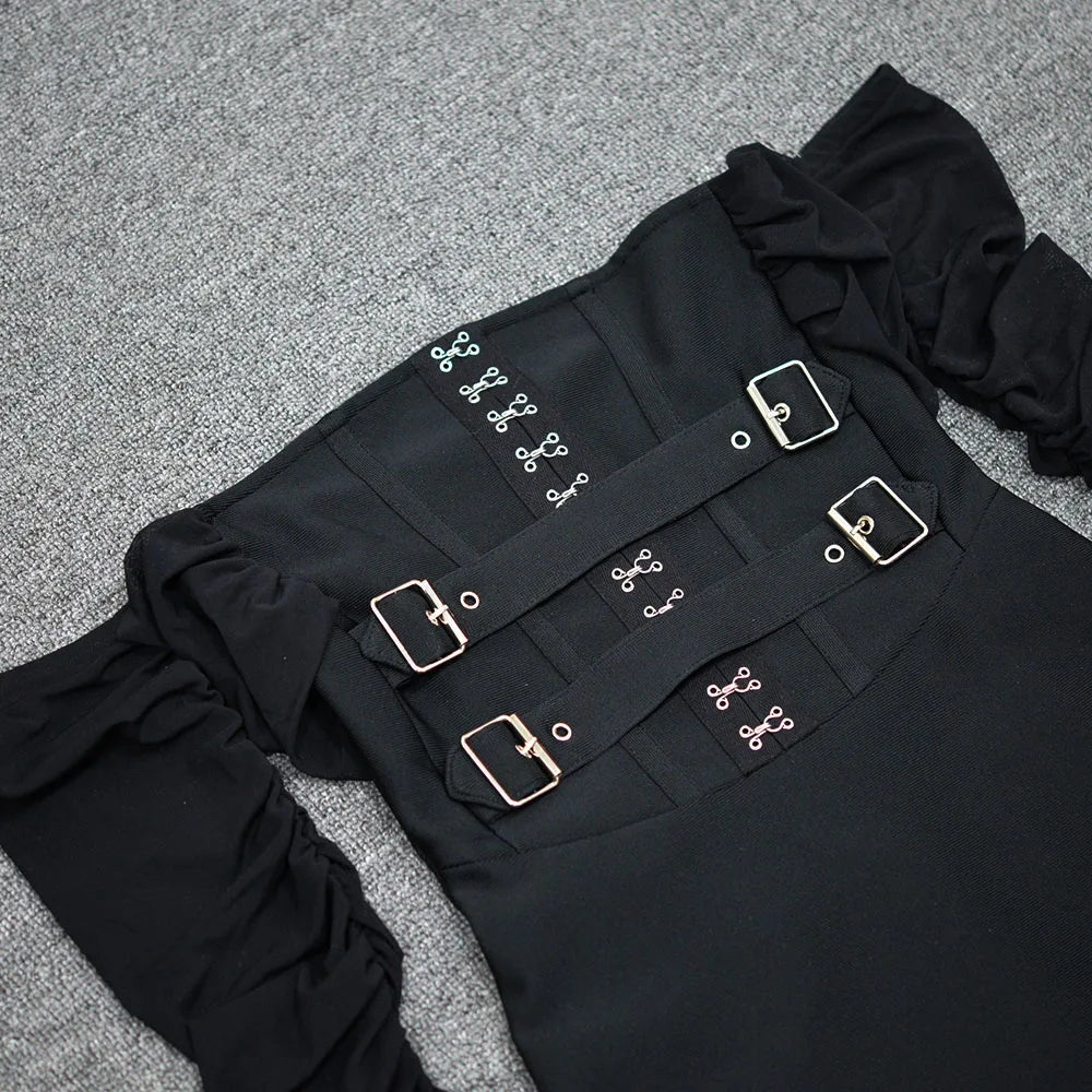 Off Shoulder Bandage Dress Women Lace Mesh Belt Midi Party