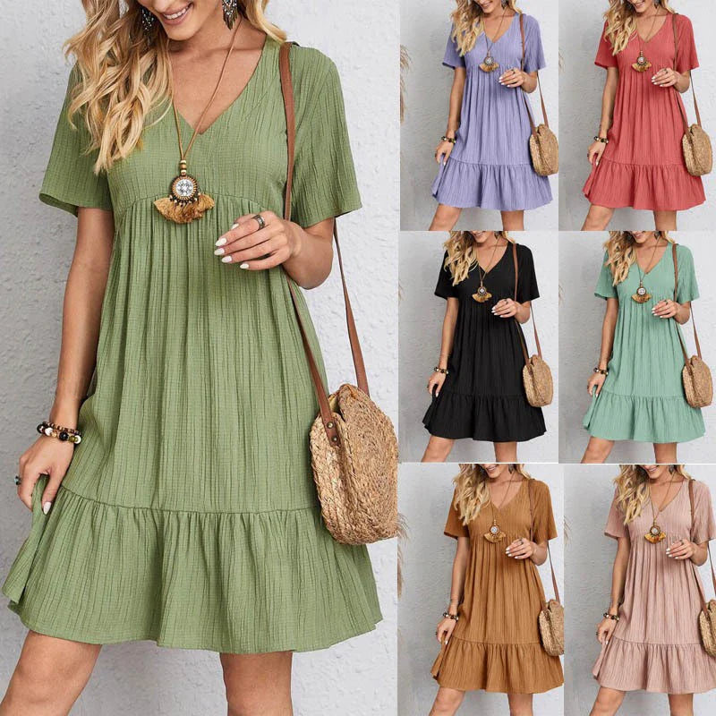Boho Mini Dress Women V Neck Ruffles A Line Beach Dress