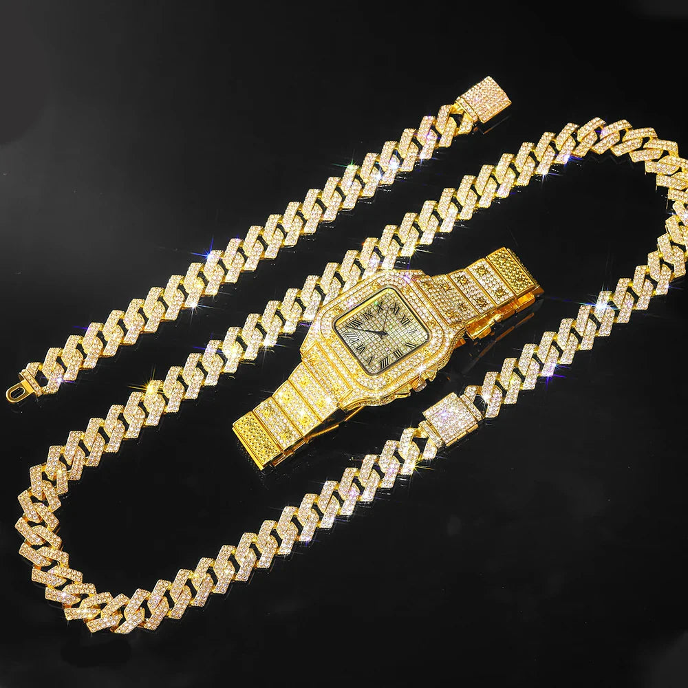 Gold Color Cuban Chain Watch for Men with Iced Out Rhinestones Hip Hop Style Necklace and Bracelet Jewelry