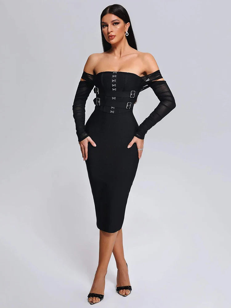 Off Shoulder Bandage Dress Women Lace Mesh Belt Midi Party