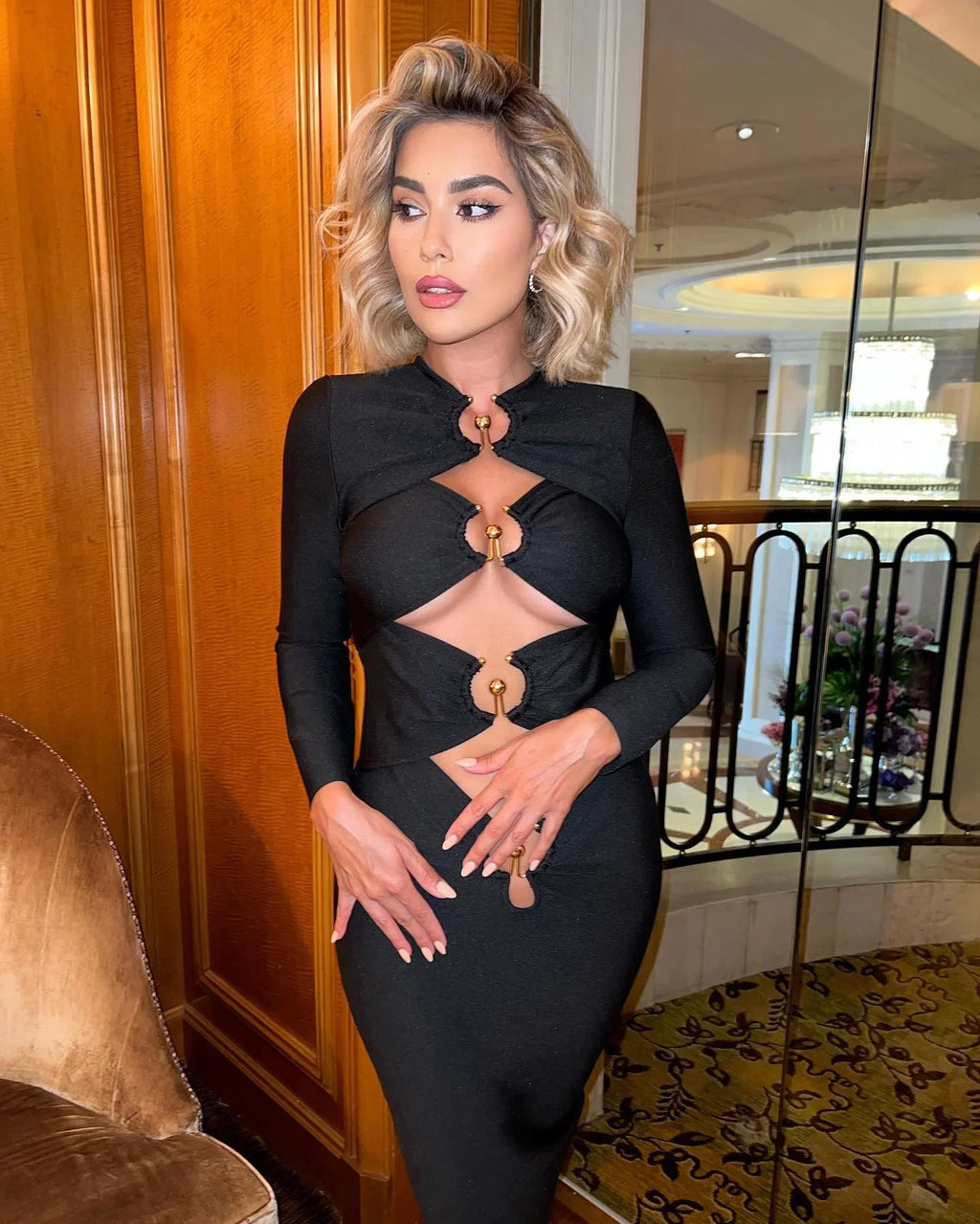Black Hollow Out Midi Bandage Dress For Women Evening