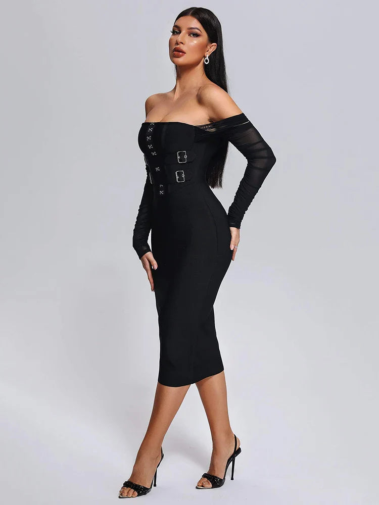 Off Shoulder Bandage Dress Women Lace Mesh Belt Midi Party