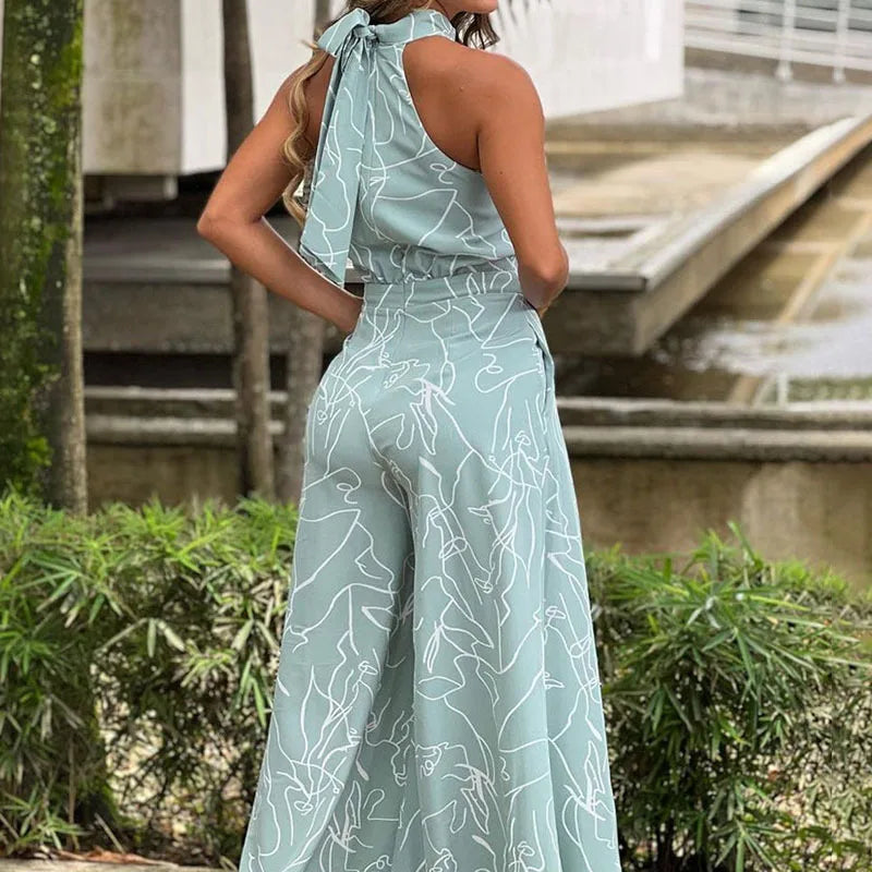 Summer Women's Sleeveless Geometric Print Jumpsuit with Cinched Waist Tie and Elegant Hanging Neck Design