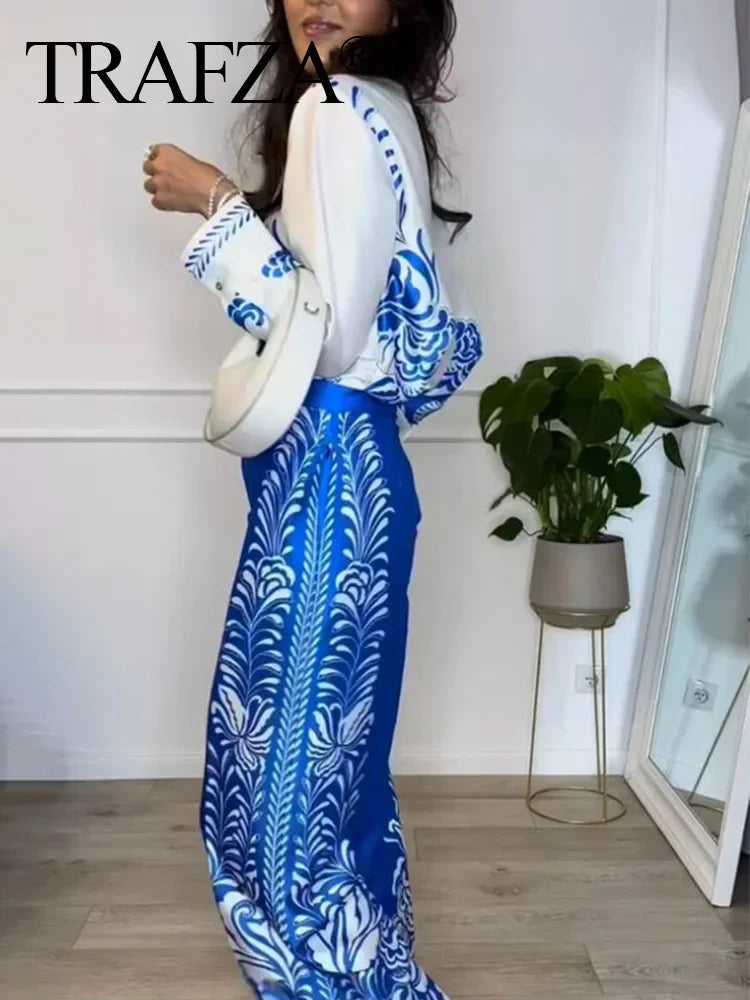 Women's Vintage Printed Casual Set with Long Sleeve Blouse and Straight Leg Pants