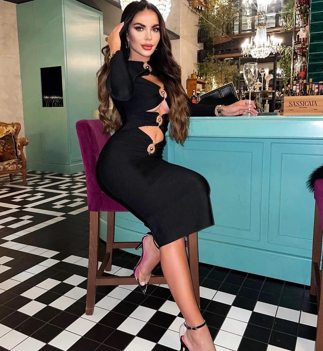 Black Hollow Out Midi Bandage Dress For Women Evening