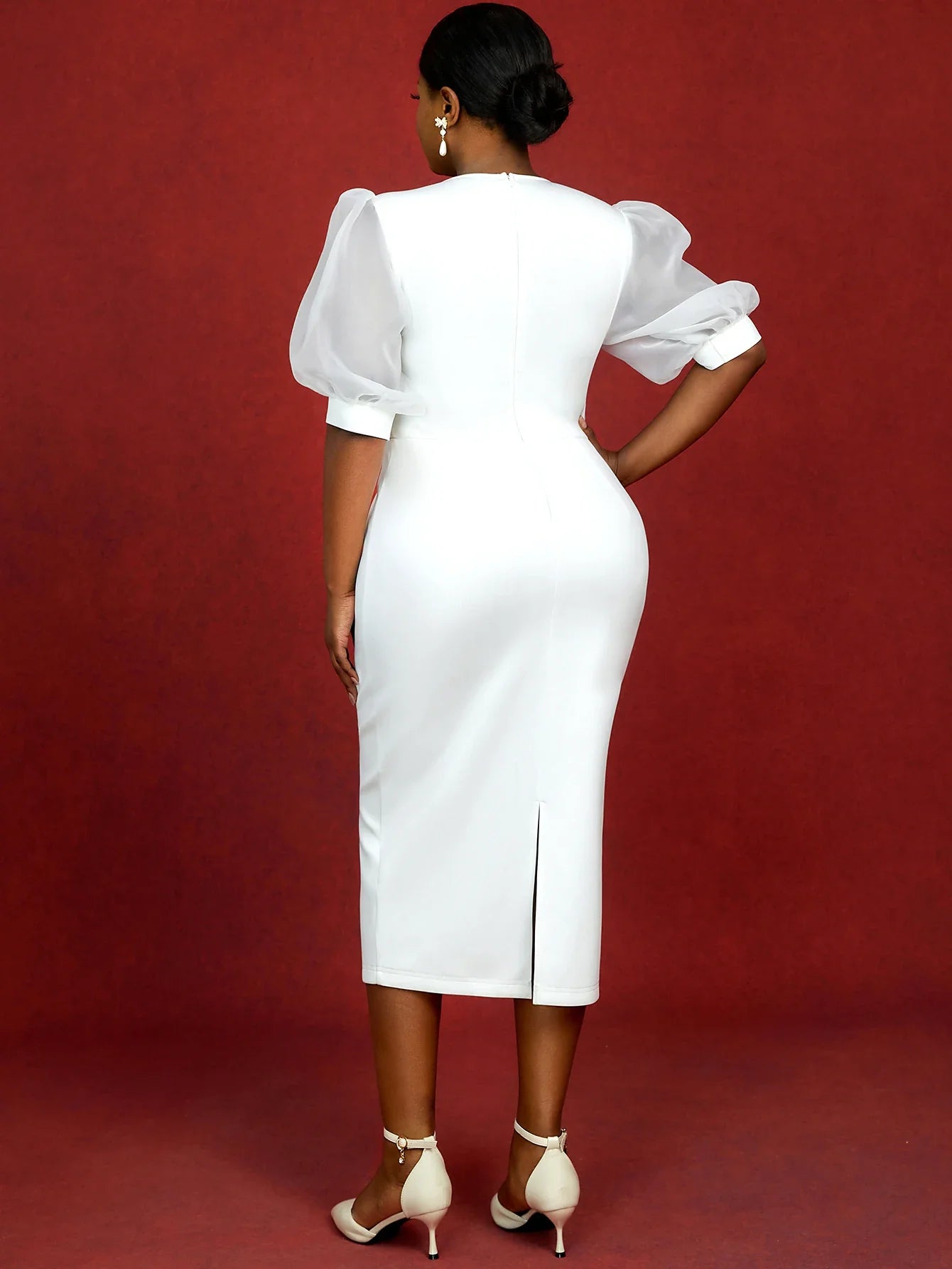 White Puff Sleeve Patchwork Mesh Dress Bridal Shower Dress