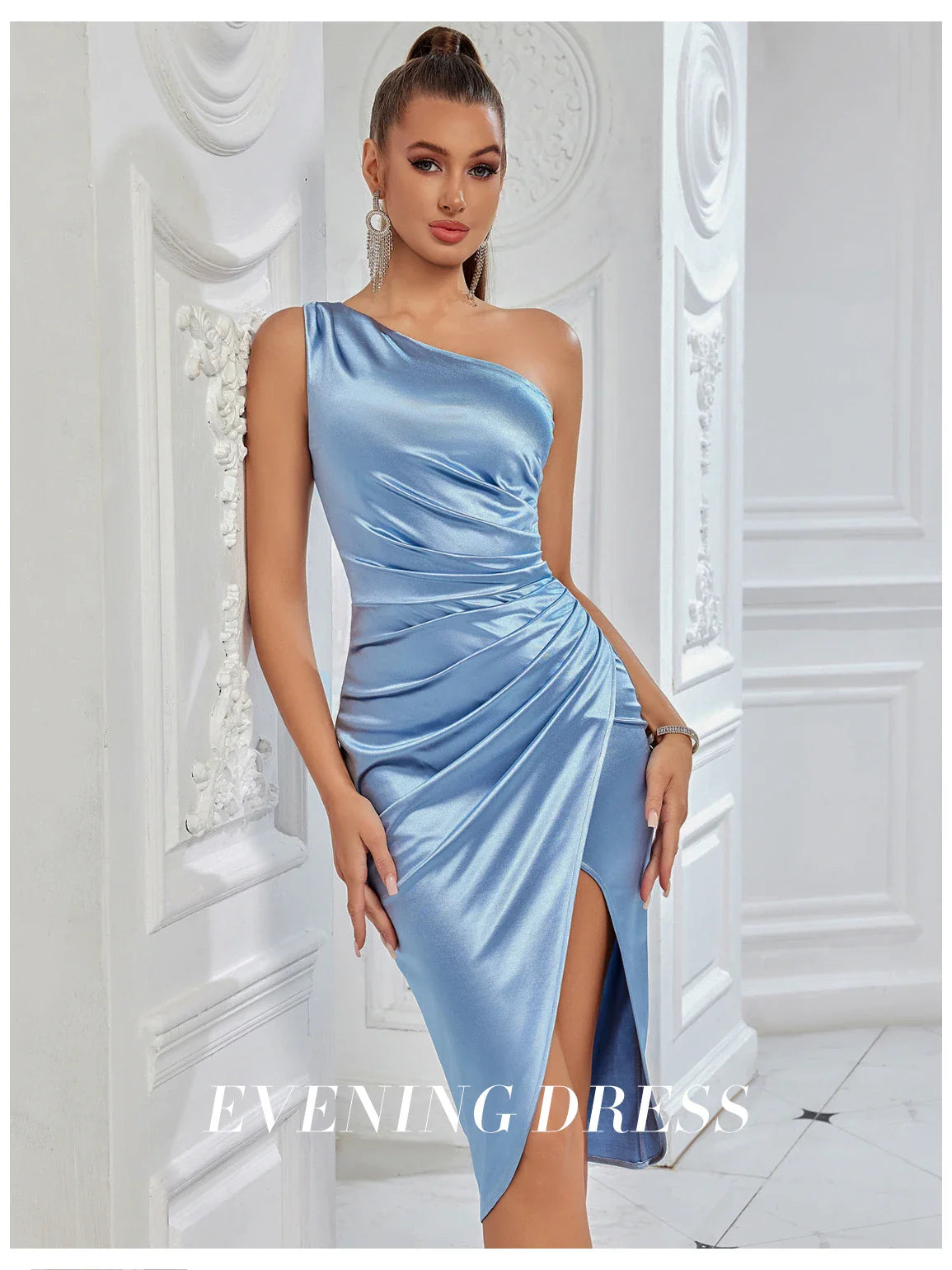 One Shoulder Bodycon Evening Dress With High Slit Drape