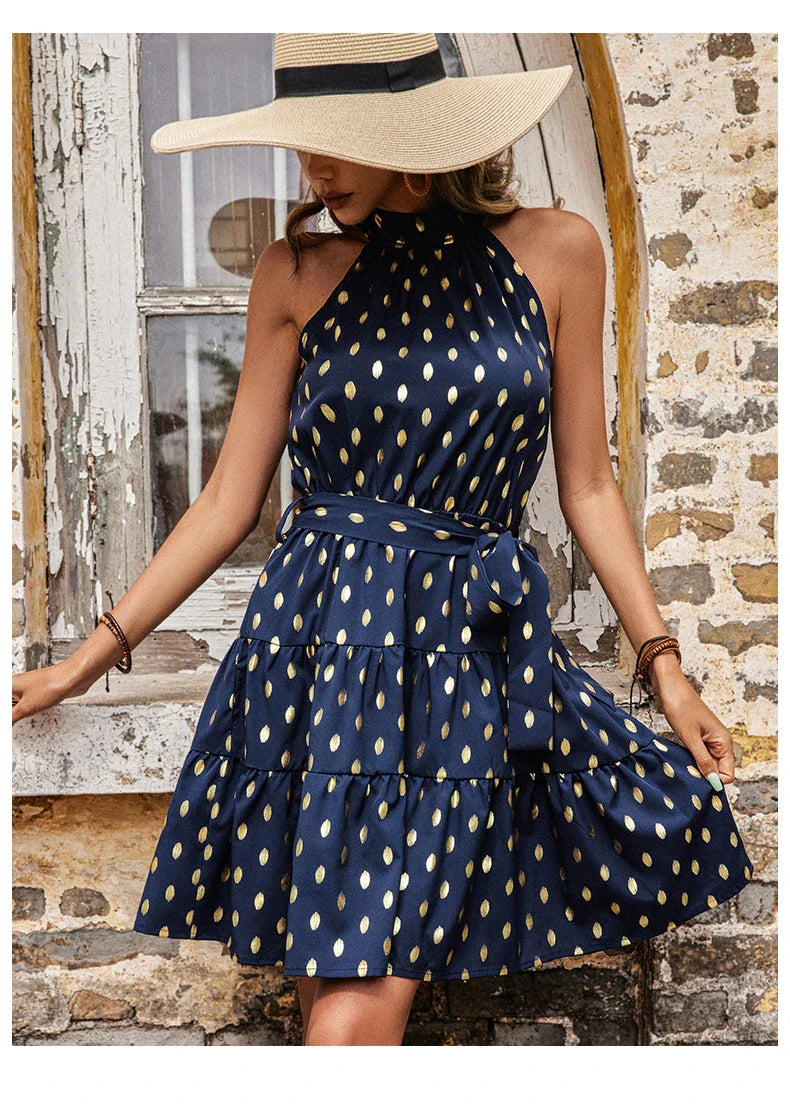 Sleeveless Dot Print Midi Dress With A Line Silhouette