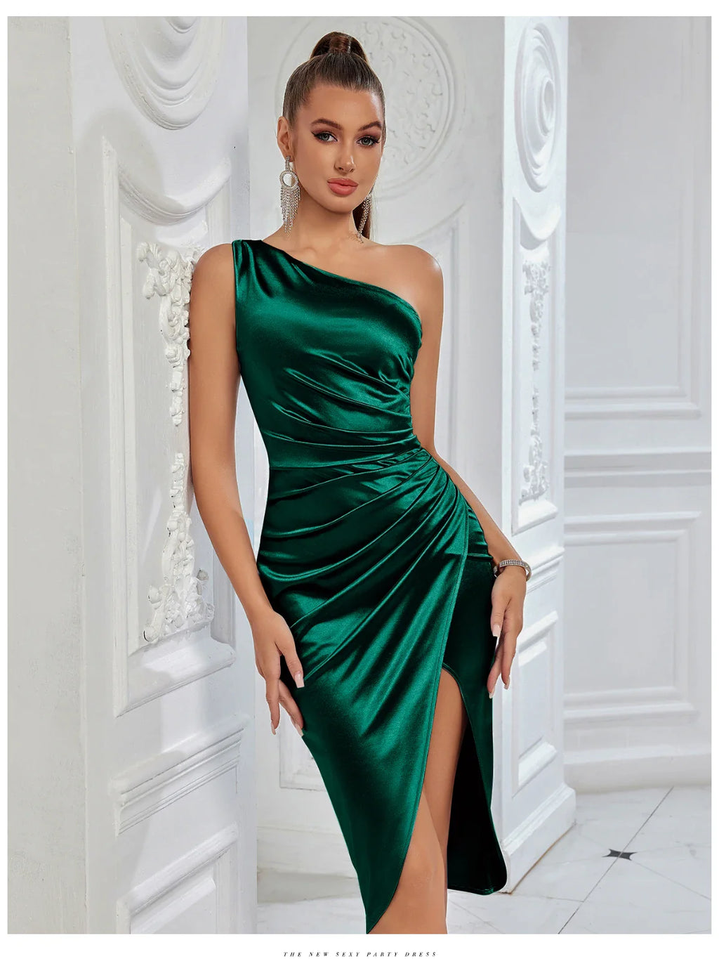 One Shoulder Bodycon Evening Dress With High Slit Drape