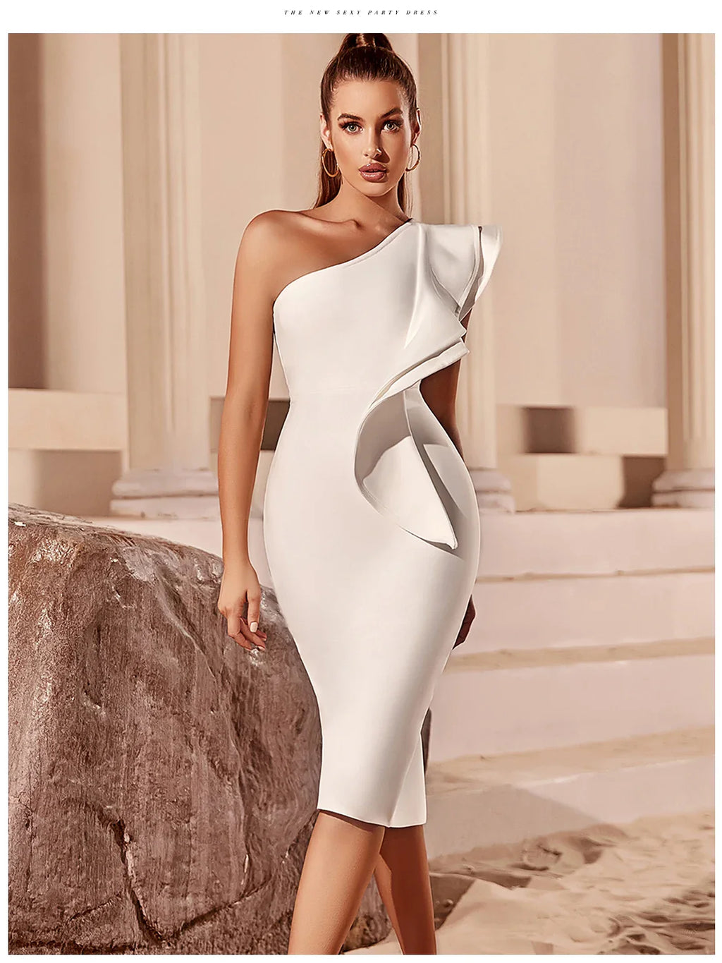 One Shoulder Black Bodycon Bandage Dress Midi For Party