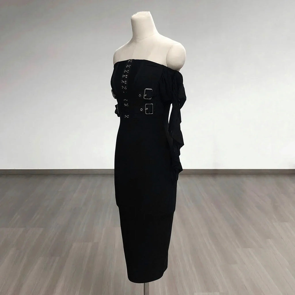 Off Shoulder Bandage Dress Women Lace Mesh Belt Midi Party