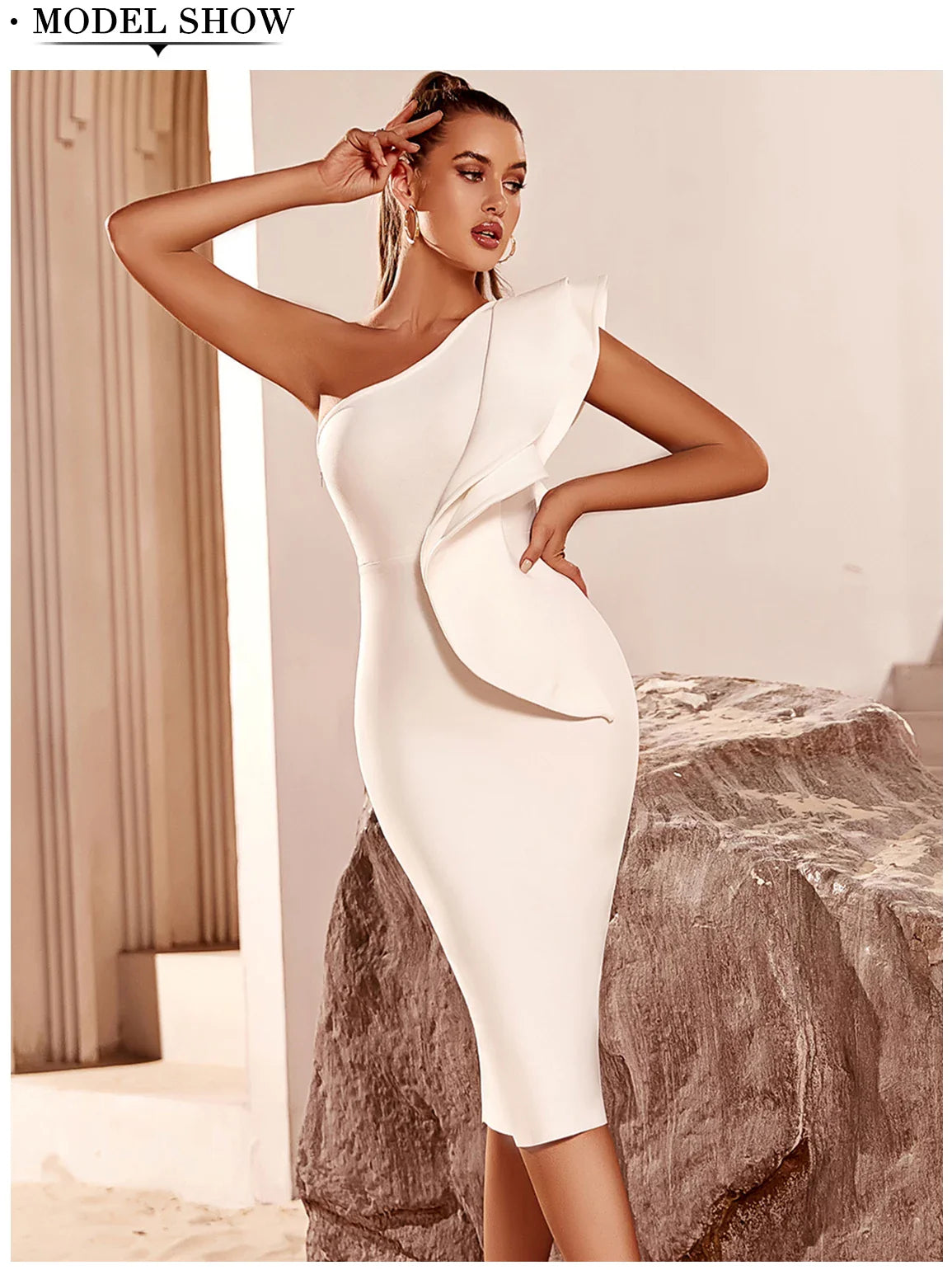 One Shoulder Black Bodycon Bandage Dress Midi For Party