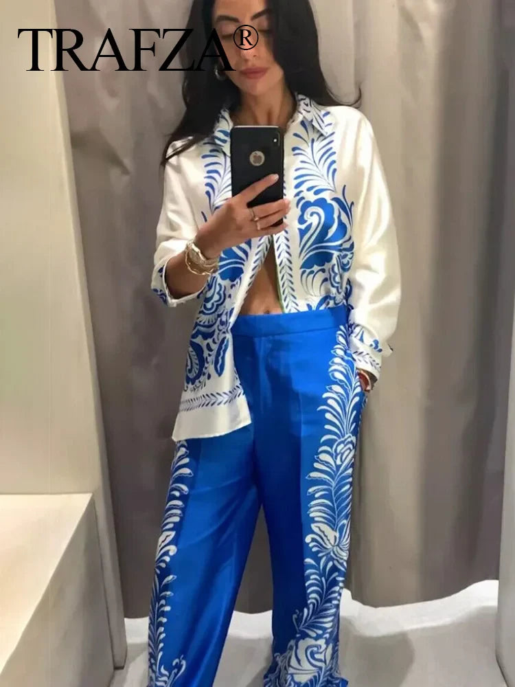 Women's Vintage Printed Casual Set with Long Sleeve Blouse and Straight Leg Pants