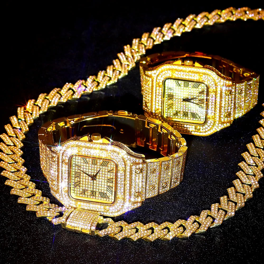 Gold Color Cuban Chain Watch for Men with Iced Out Rhinestones Hip Hop Style Necklace and Bracelet Jewelry