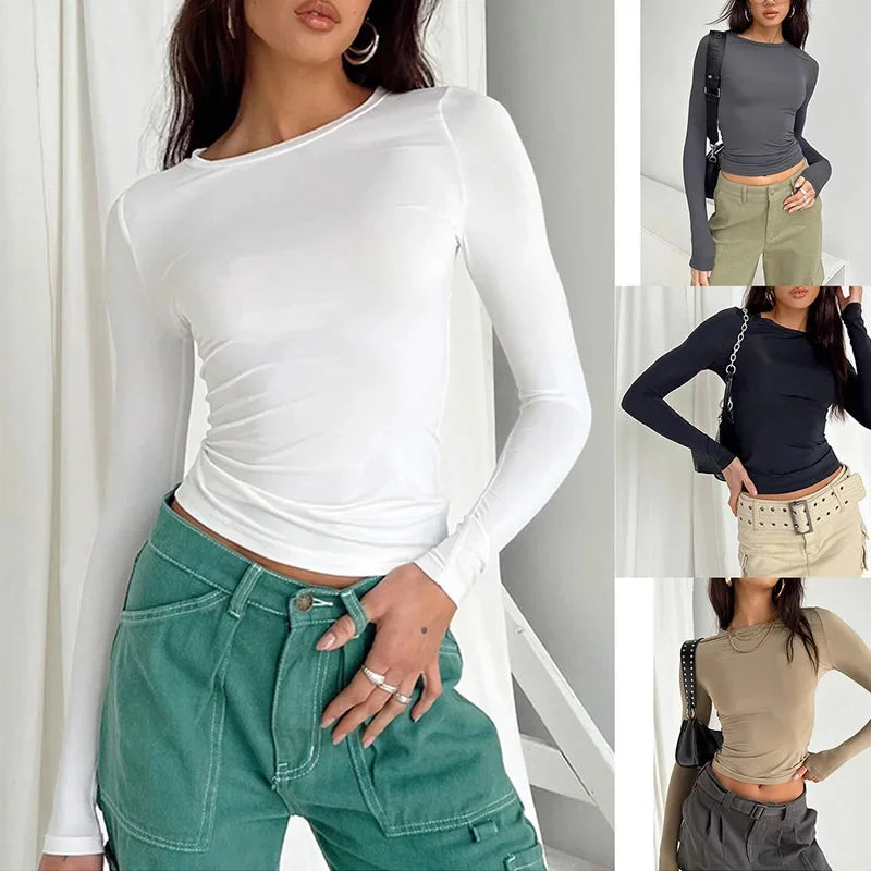 Women Casual Slim Fit Long Sleeve T-Shirts for Spring and Autumn Stylish Streetwear Tops