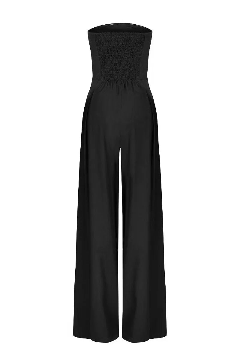 Elegant Women's Backless Off Shoulder Jumpsuit with Pockets Wide Leg Loose Fit Summer Overalls Casual Sexy Bodysuit