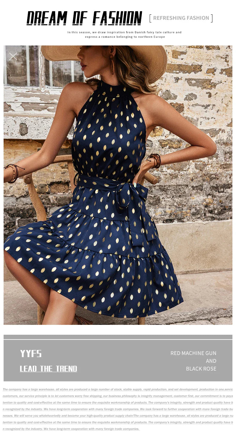 Sleeveless Dot Print Midi Dress With A Line Silhouette
