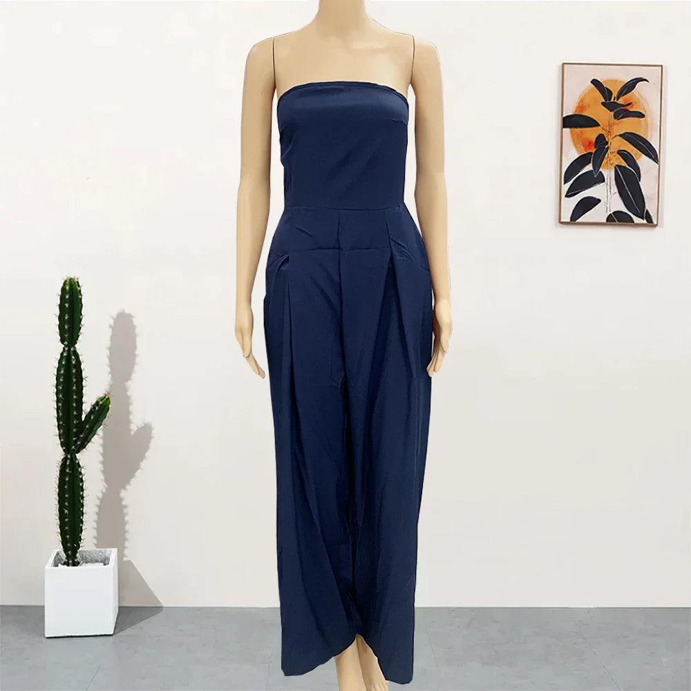 Elegant Women's Backless Off Shoulder Jumpsuit with Pockets Wide Leg Loose Fit Summer Overalls Casual Sexy Bodysuit