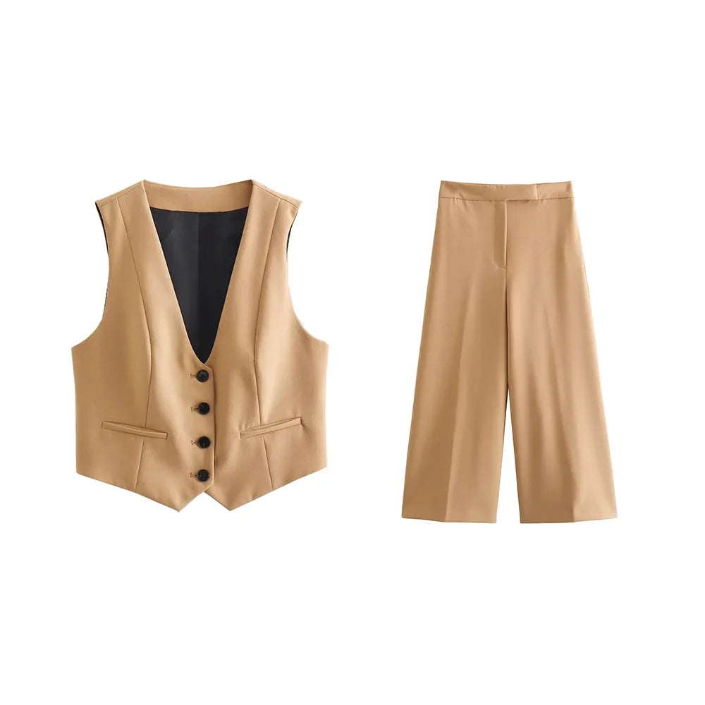 Casual Solid V Neck Sleeveless Vest and Wide Leg Pants Set for Elegant Summer Style