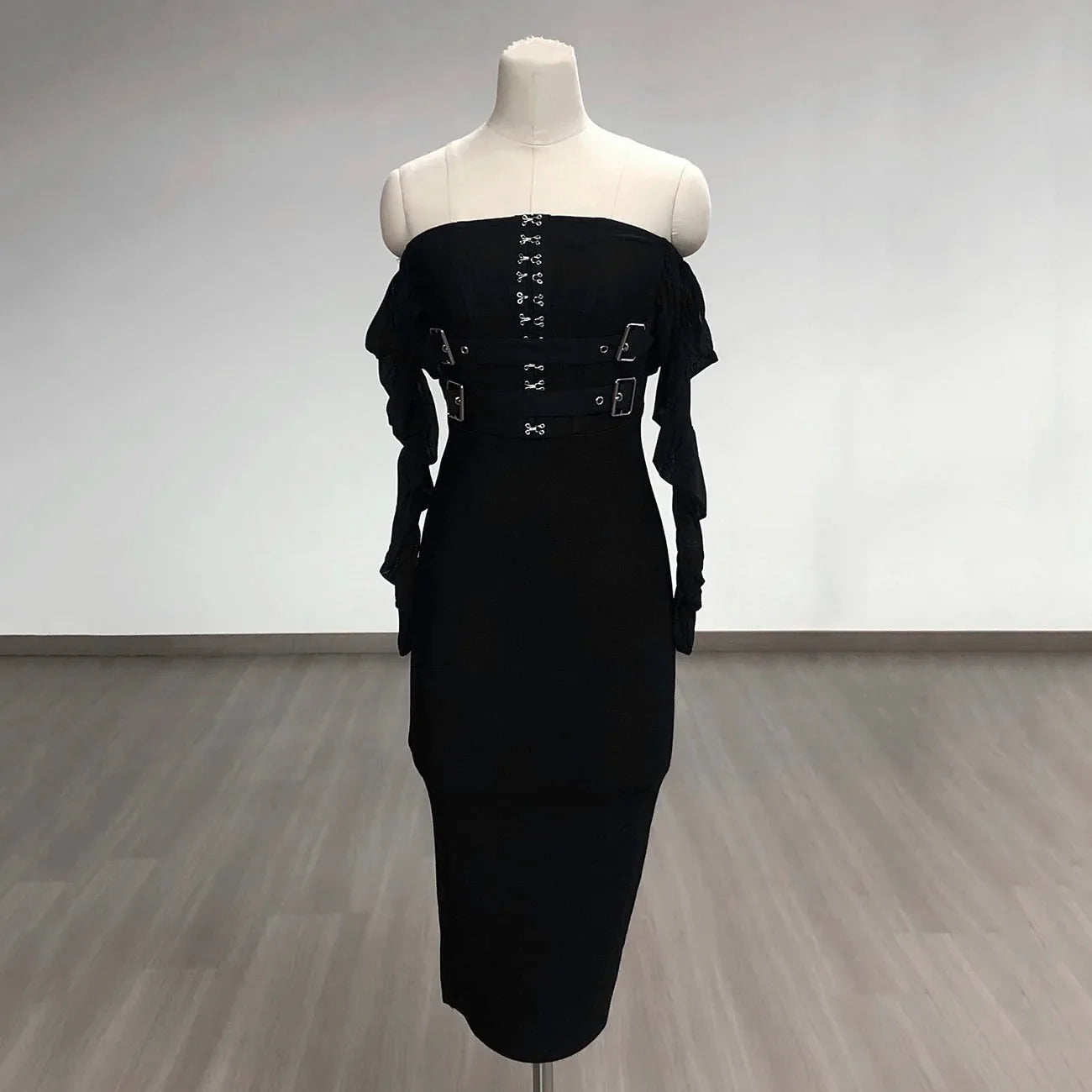 Off Shoulder Bandage Dress Women Lace Mesh Belt Midi Party