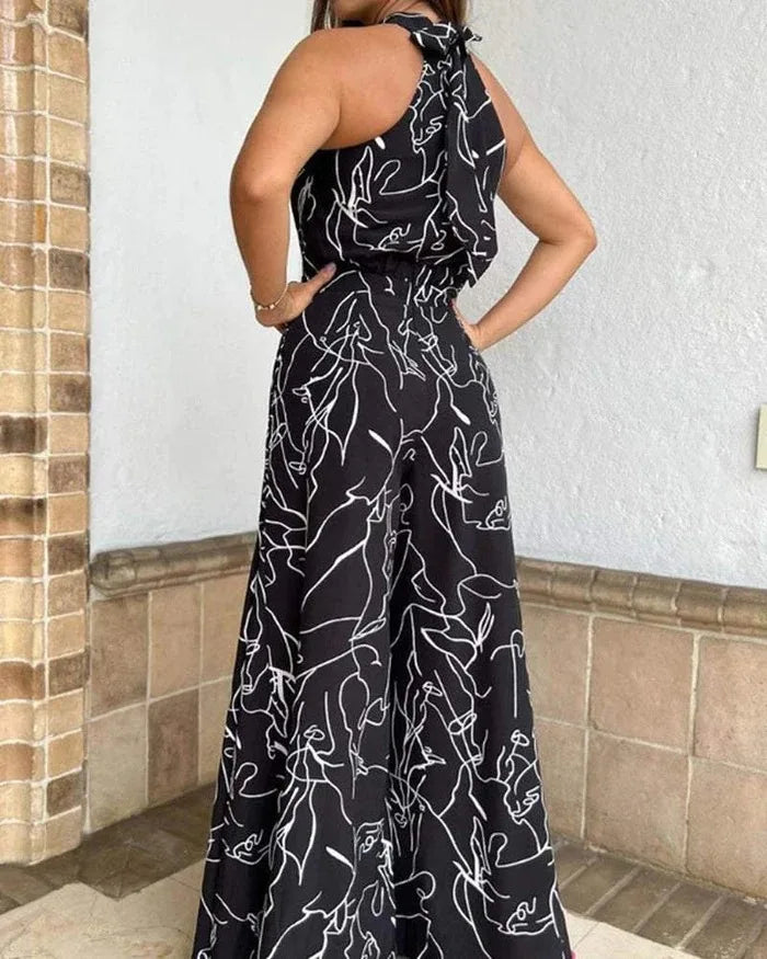 Summer Women's Sleeveless Geometric Print Jumpsuit with Cinched Waist Tie and Elegant Hanging Neck Design