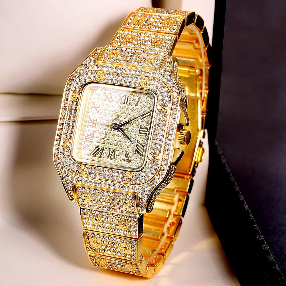 Gold Color Cuban Chain Watch for Men with Iced Out Rhinestones Hip Hop Style Necklace and Bracelet Jewelry