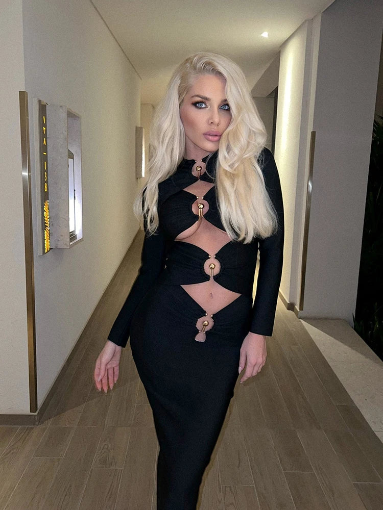 Black Hollow Out Midi Bandage Dress For Women Evening