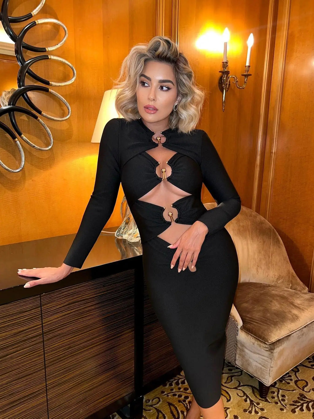 Black Hollow Out Midi Bandage Dress For Women Evening