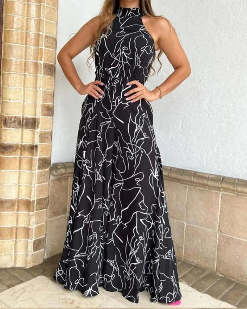 Summer Women's Sleeveless Geometric Print Jumpsuit with Cinched Waist Tie and Elegant Hanging Neck Design